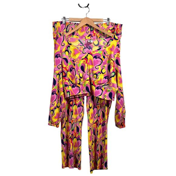 Lucy Yak Pink Hearts Psyc Crop Top 20 Pants XL 70s Groovy Retro Stretch Funky - Picture 1 of 15